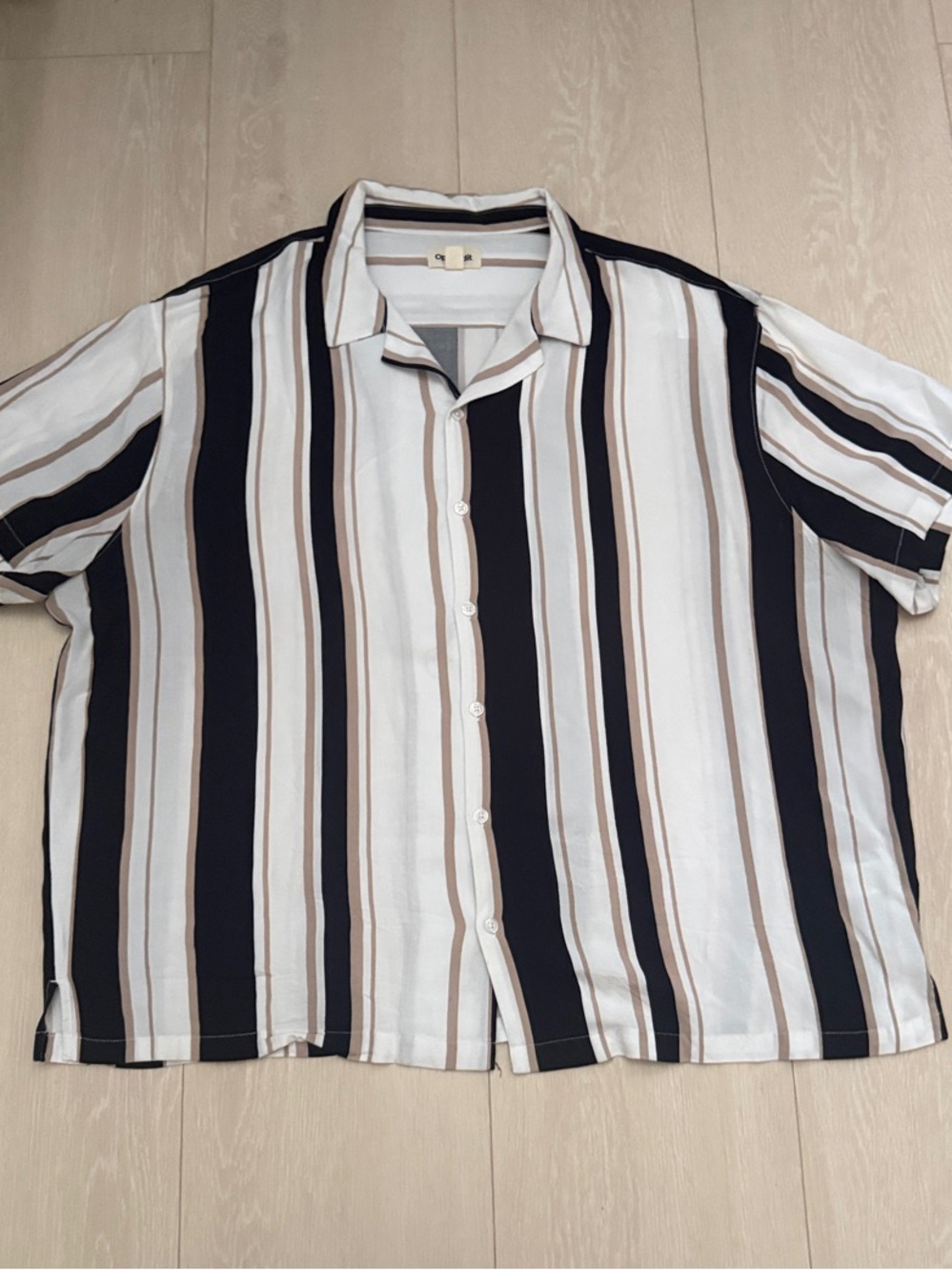 Open Edit Short-Sleeve Button-Down Shirt in Black, White & Tan Stripe